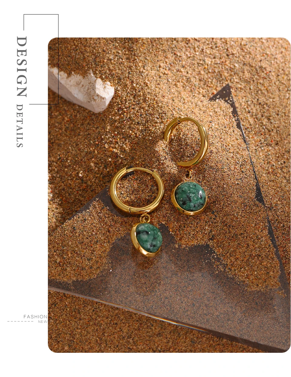 Yhpup Creolen aus Edelstahl, grüner Naturstein, neuer goldener geometrischer Charm-Schmuck aus Metall, Freude, Acero Inoxidable Mujer – Detail 8