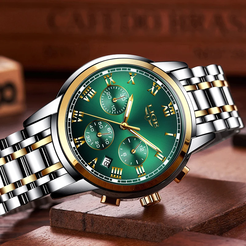 LIGE Luxury Mens นาฬิกาแฟชั่นสแตนเลส Chronograph ควอตซ์ชายกันน้ำ Mens Casual กีฬานาฬิกา