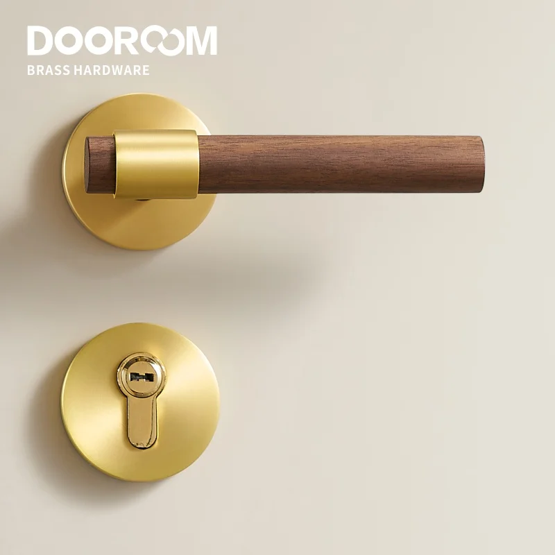 Dooroom Brass Walnut Door Lock Set Modern Interior Bedroom Bathroom Double Wood Door Lever Set Dummy Handle Knob