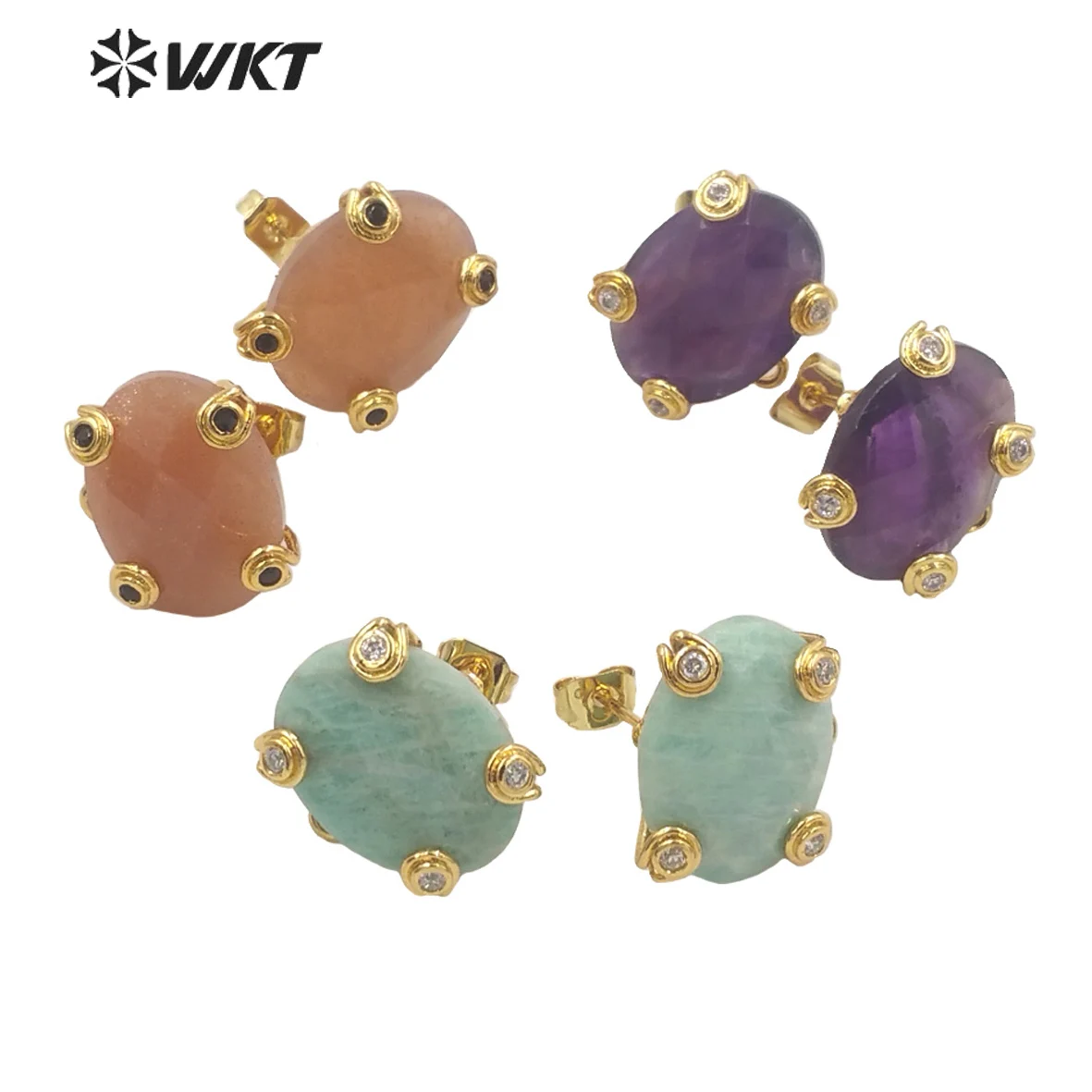 

WT-E658 WKT Hot Sale Lovely Sparkly Natural Gemstones Oval Shape Stud Stone with Gold Dipped Multi Amethysts Fashion Earrings