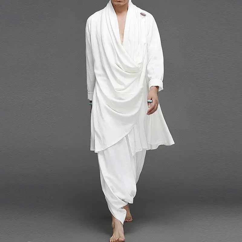 2025 Men Solid Color Sets Men Cotton Streetwear Turtleneck Long Sleeve Irregular Cloak Coats Drop Crotch Pants Vintage Men Suits