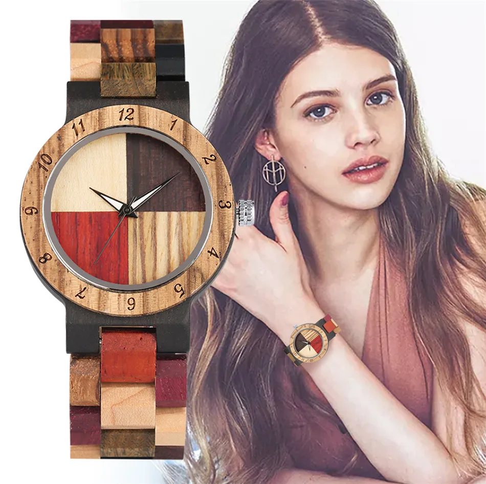 Wood Bangle Women\'s Quartz Wristwatch 4 Colors Mixed Dial Natural Full Wooden Lady Bracelet Watches Folding Clasp Timepiece