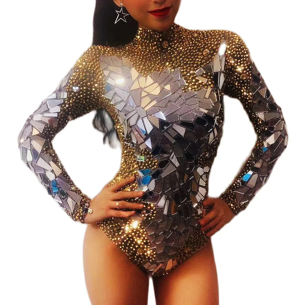 Bodysuit manga comprida gola alta para mulheres, lantejoulas espelhadas, strass dourado, boate, show de dança, roupas de palco, drag queen