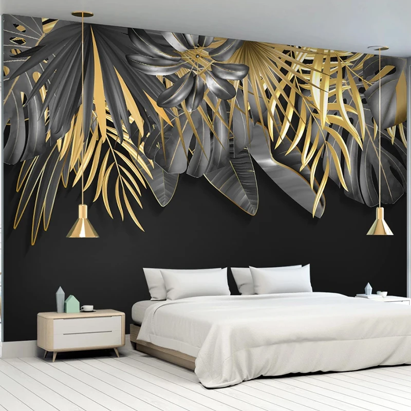 

Custom 3D Mural Wallpaper Nordic Style Hand Painted Tropical Plant Golden Leaves Living Room Bedroom Background Photo Wall Paper
