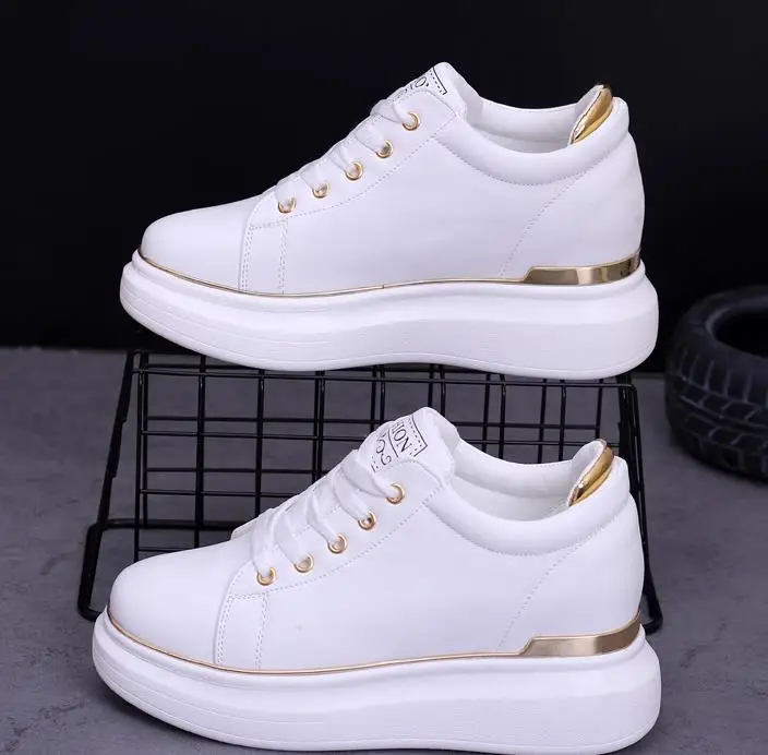 2023 Hidden Heels Women Platform Wedge Sneakers Ladies Leather Golden  White Shoes Female Krasovki Tenis Feminino Casual