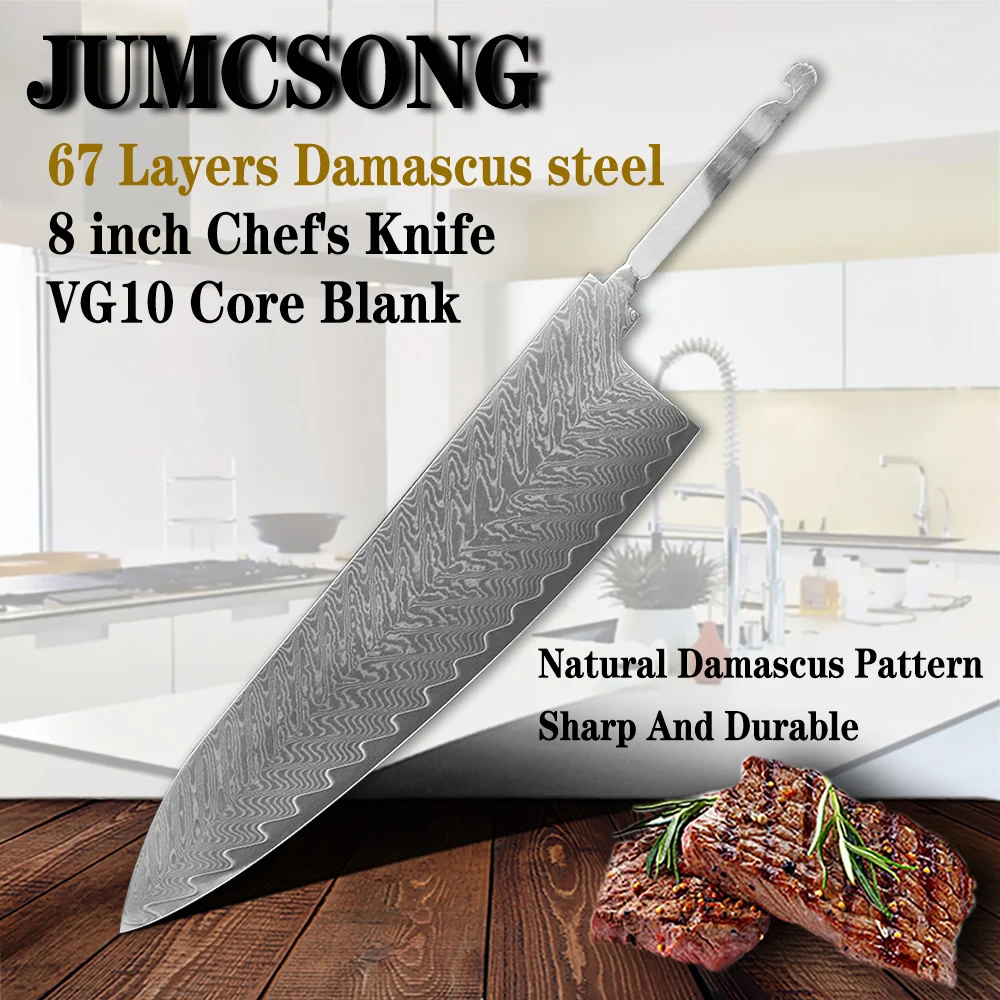 JUMCSONG Sharp DIY 8 Inch Cooking Chef Knife VG10 Damascus Steel Blade Material Semi-finished Knife Blank Japanese Style