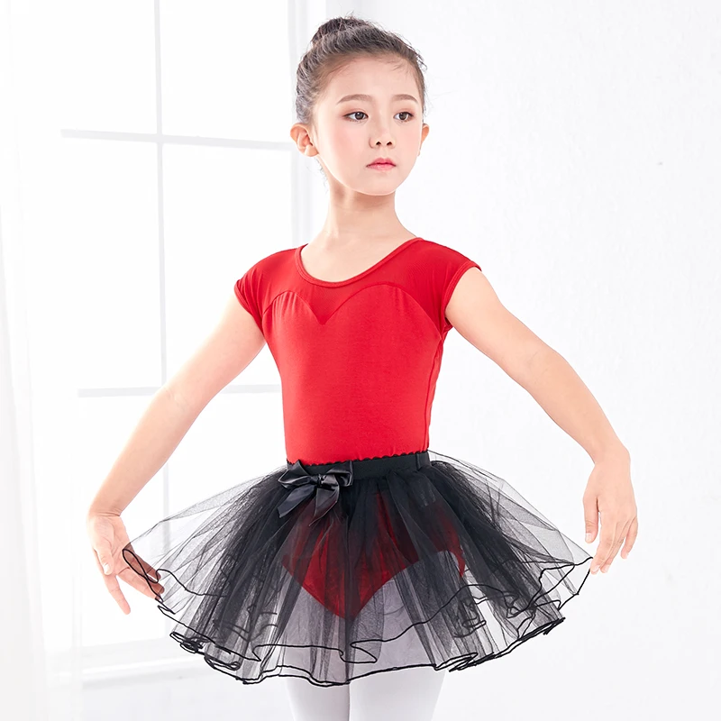 New Styles Children Girls Ballet Short Sleeve Leotard Skirt Dancewear Mesh Splice Open Back Dance Leotard for Ballet