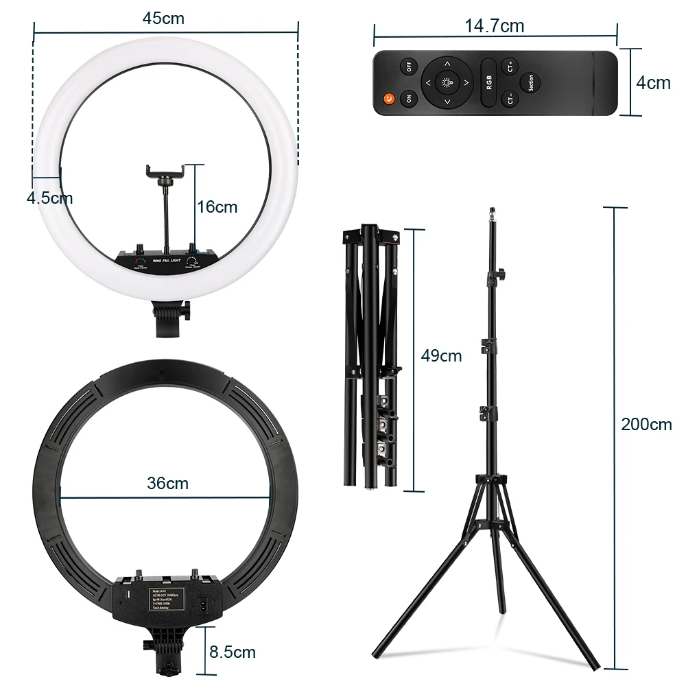 Anillo de luz RGB de 18 pulgadas para fotografía, lámpara de 50W con trípode remoto de 45cm, luz de relleno LED regulable para Selfie, iluminación en vivo para teléfono