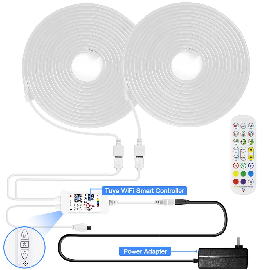 Tira de luces LED de neón para decoración de habitación, cinta de luz de silicona impermeable con control remoto/WiFi/aplicación Bluetooth, Tuya,