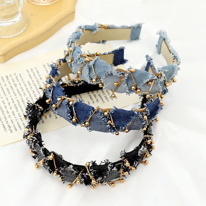 Unique Blue Denim Gold Chain Women Hair Accessories Thin Hair Hoop Handmade Weave Fashion Denim Patchwork Headbands Head Wear