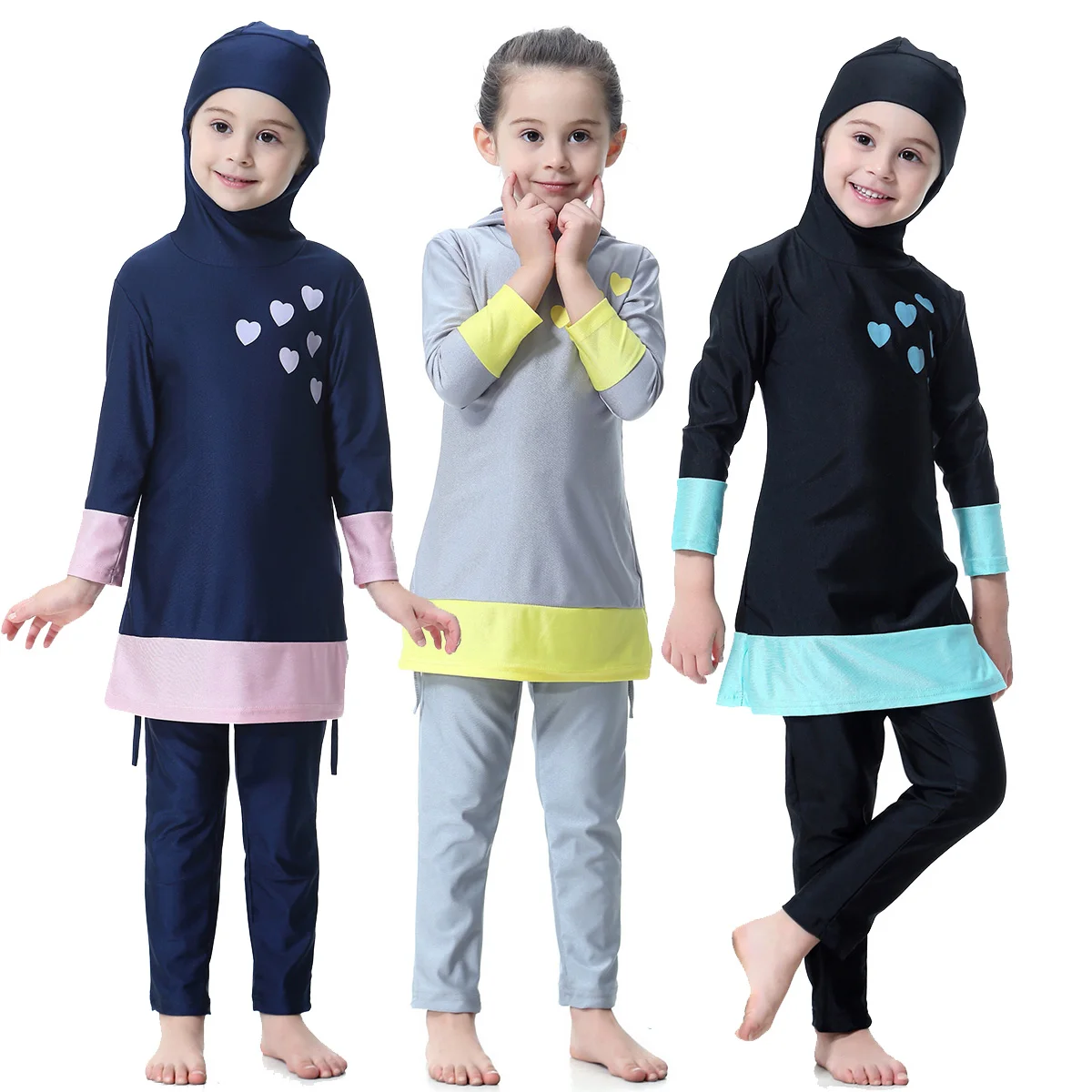 Color Match Overall Muslim Kid Swimsuit Burkini Islamic Girl Full Cover Swimwear Soft Long Abaya with Cap Beachwear Bathing Suit