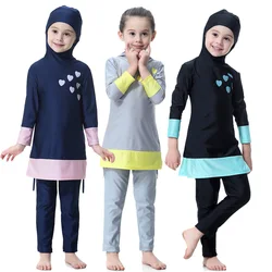 Color Match Overall Muslim Kid Swimsuit Burkini Islamic Girl Full Cover Swimwear Soft Long Abaya with Cap Beachwear Bathing Suit