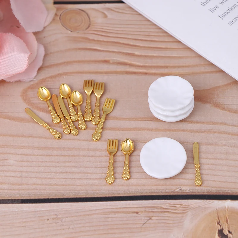 Hot sale 12Pcs Ceramic Plate Knife Fork Spoon Tableware Kitchen Food Furniture Toys for 1:12 Dollhouse Miniature Accessories