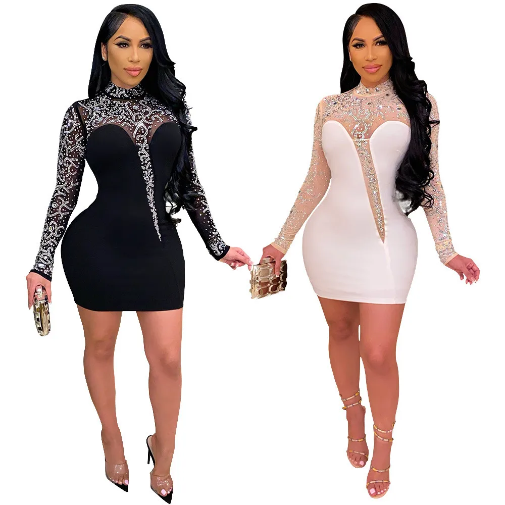 Sheer Mesh Patchwork Rhinestone Party Club Bodycon Mini Dress for Women Long Sleeve Elegant Birthday Night Sexy Tight Dresses