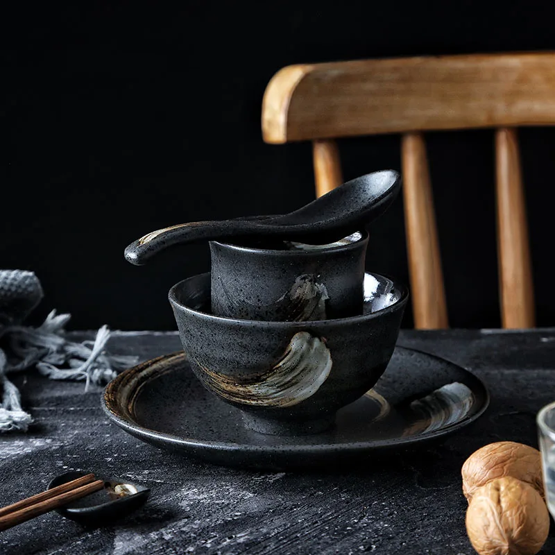ANTOWALL  Japanese Design Black Single Matte Ceramic Tableware Sushi Round Plate Rice Big Bowl