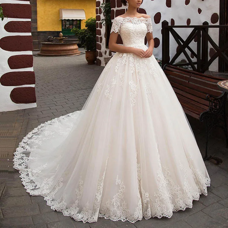 Tüll Weg Von der Schulter A-line Brautkleider Kurzen Ärmeln Spitze Appliques Brautkleid Customized Robe De Mariage Brautkleid