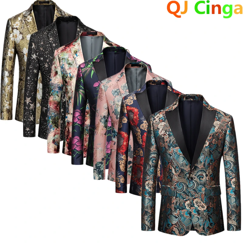 Single Breasted Men's Long Sleeve Printed Suit Jacket, Fashion Trim Men Dress Coat, Wedding Business Blazer Masculino M-5XL 6XL