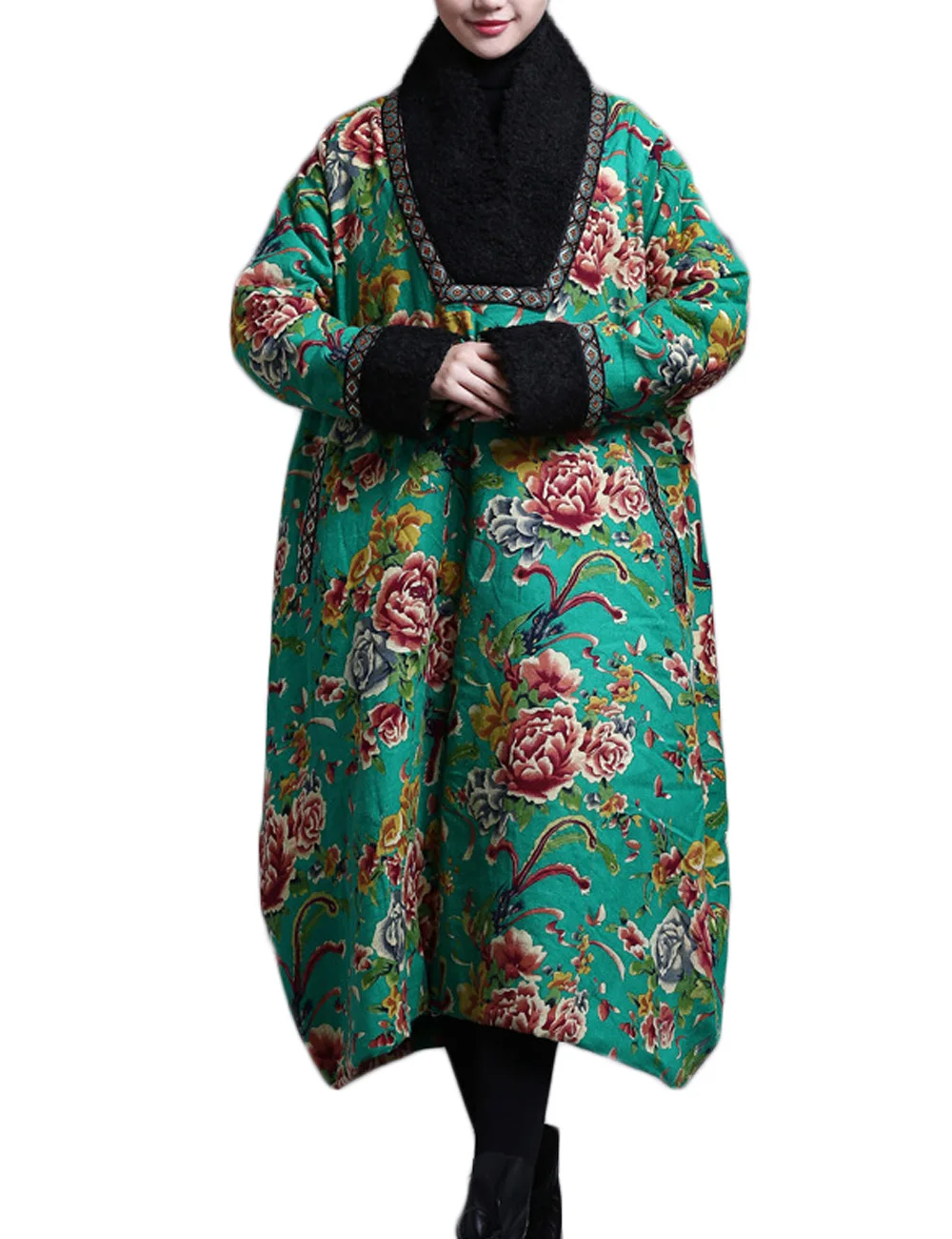 LZJN Women's Winter Outerwear Parka Long Loose Floral Printed Quilted Coat Plus Size Jacket with Fleece High Cross V-Neck Collar