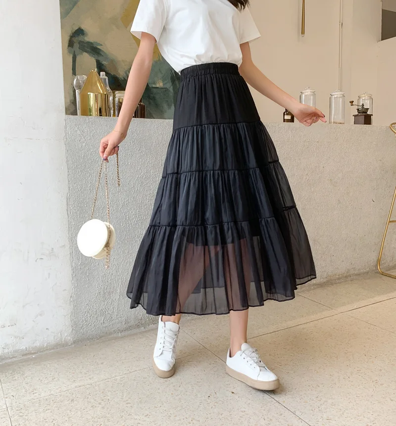 Summer new chiffon patchwork net yarn tango pure color high-waisted temperament long white pleated black tulle skirt for womens