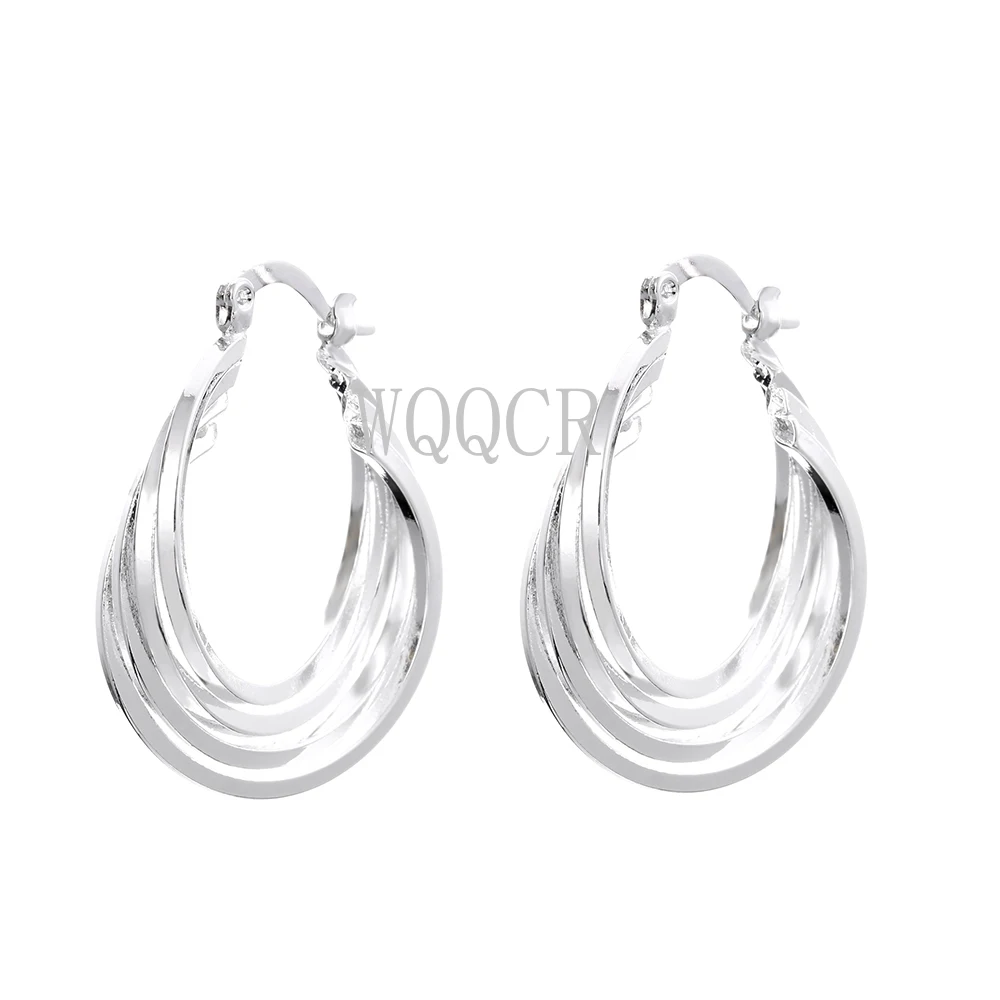 Fashionable 925 Sterling Silver Color Twisted Four Rings Connected Round Ear Hoop Earrings Carved Flower Pendant Earrings Lady