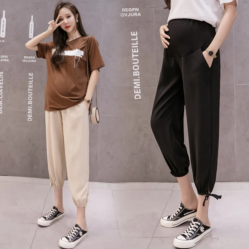 Summer Cool Ice Feel Maternity Jogger Pants Elastic Waist Belly Straight Loose Clothes for Pregnant Women Casual Pregnancy