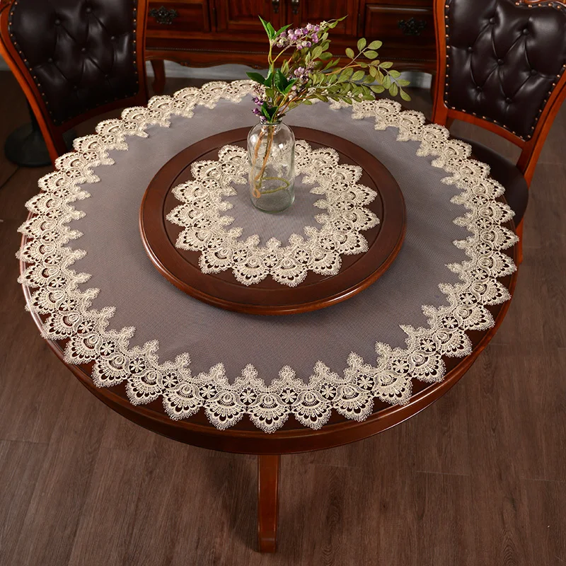 Modern Round Water-soluble Embroidered Lace Tablecloth Set Hotel Restaurant Table Cover Cloth Banquet Birthday Party Decoration