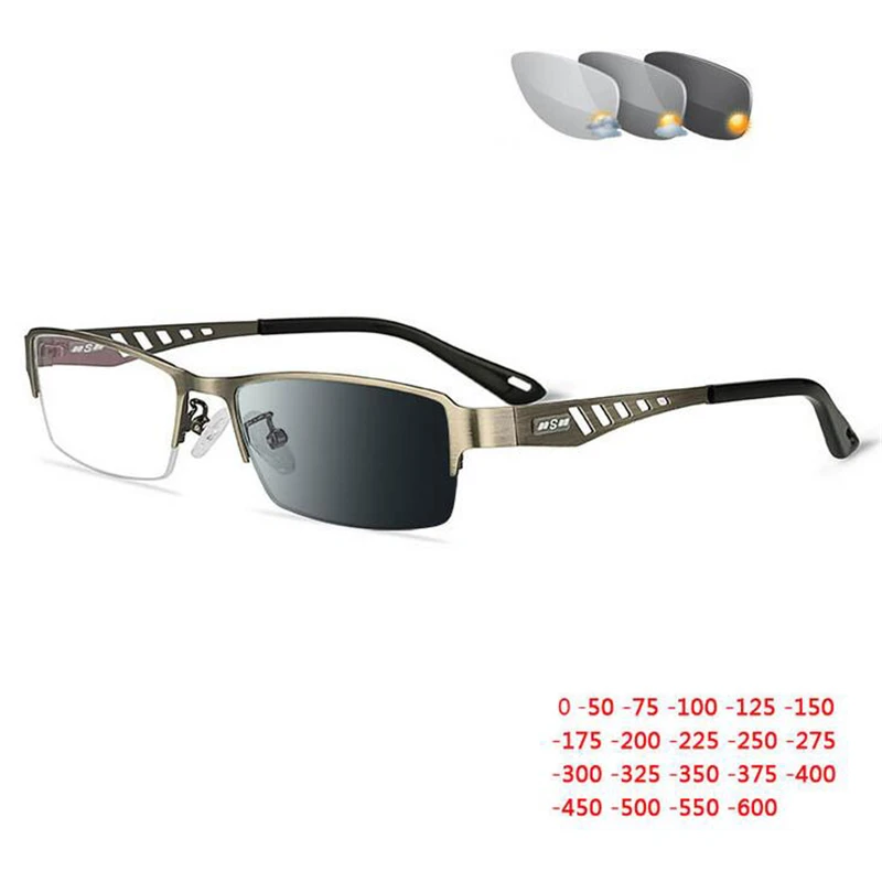 0 -0.5 -0.75 -1.0 To -6.0 Sun Photochromic Finished Myopia Glasses Women Men Metal Half Frame Chameleon Short-sight Eyewear