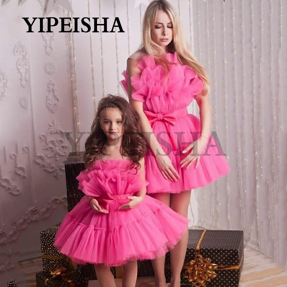 Eenvoudige V-hals Mouwloze Baljurk Tulle Bloem Meisje Jurken A-lijn Roze Kids Bow Dress Платье Для Девочки Vestidos