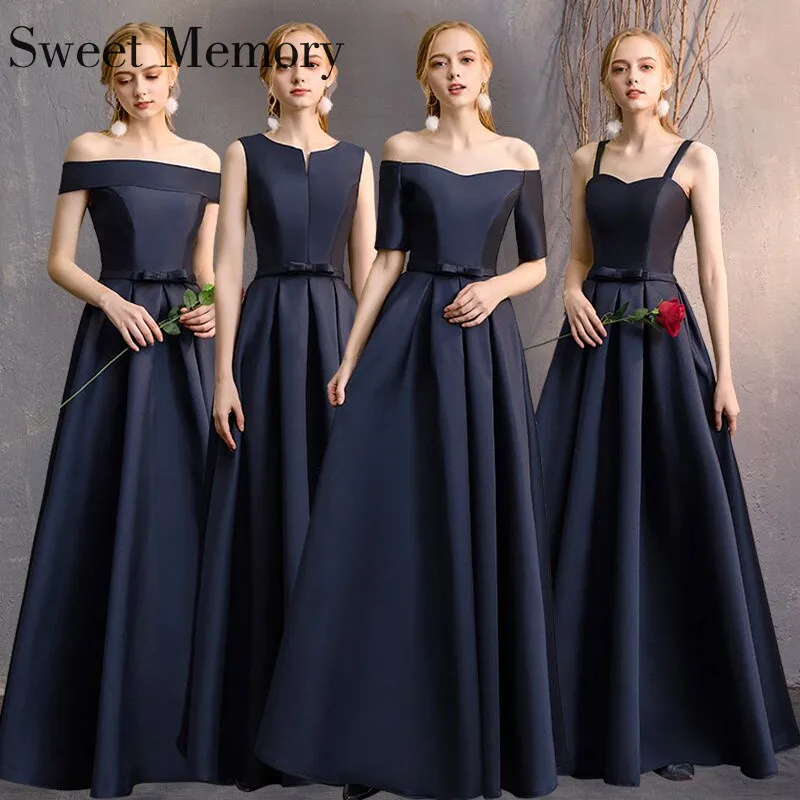 

Custom Made Satin Dark Blue Bridesmaid Dresses Graduation Gown Girl Floor Length Banquet Wedding Party Dress Long Rode De Soriee