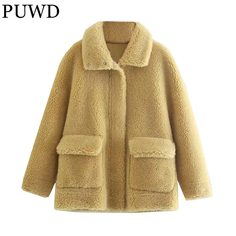 

PUWD Retro Women Faux Fur Thick Jacket 2021Autumn Winter Casual All-match Warm Pocket Coat High Street Loose Female Chic Outwear