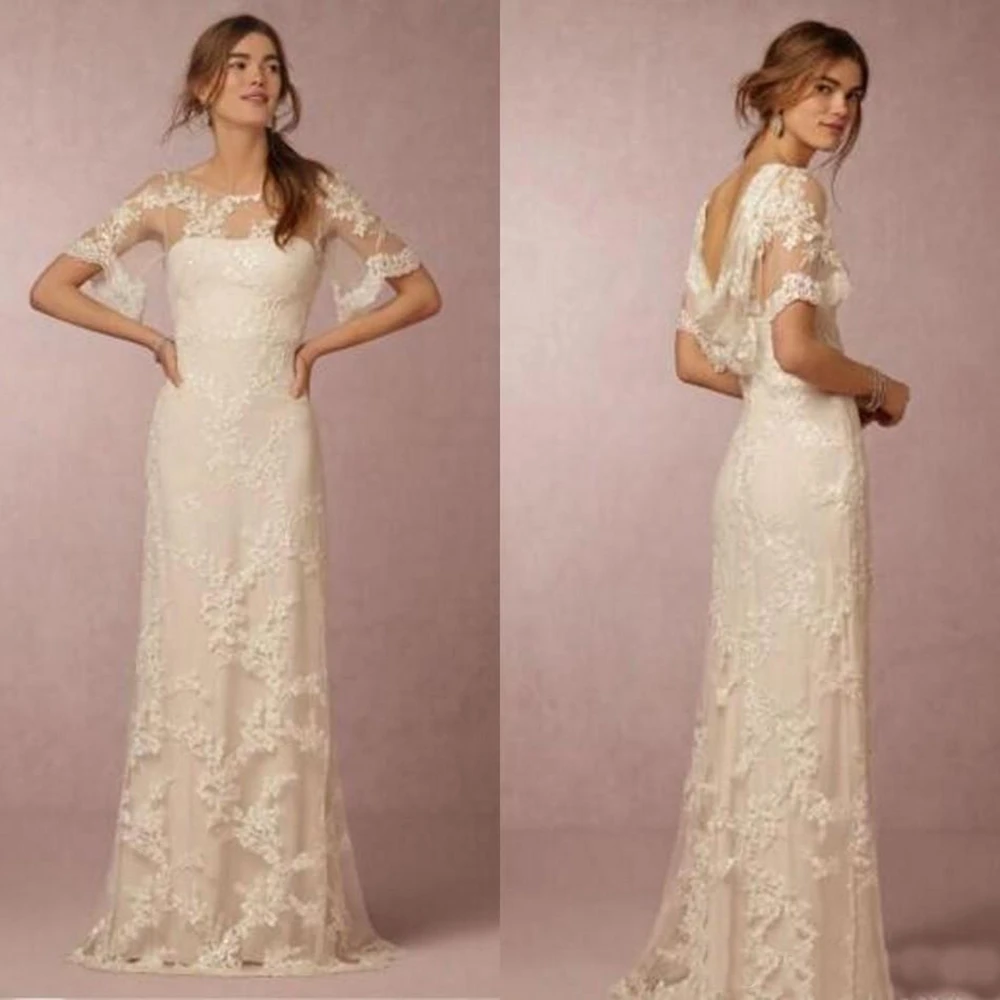 

O-Neck Floor-Length Applique Sweep Train Custom Bridal Gowns Plus Size Sleeveless Backless Lace Wedding Dresses Beach