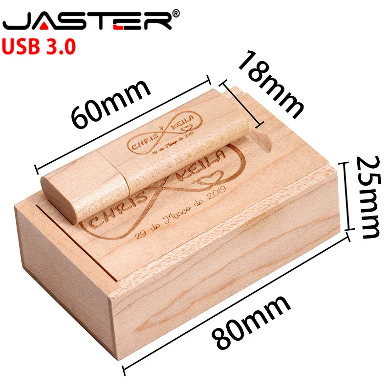 JASTER-thumb drive USB 3,0 de madera, almacenamiento externo creativo de 4GB/8GB/16GB/32GB/64GB (logotipo personalizado gratis), grabado láser