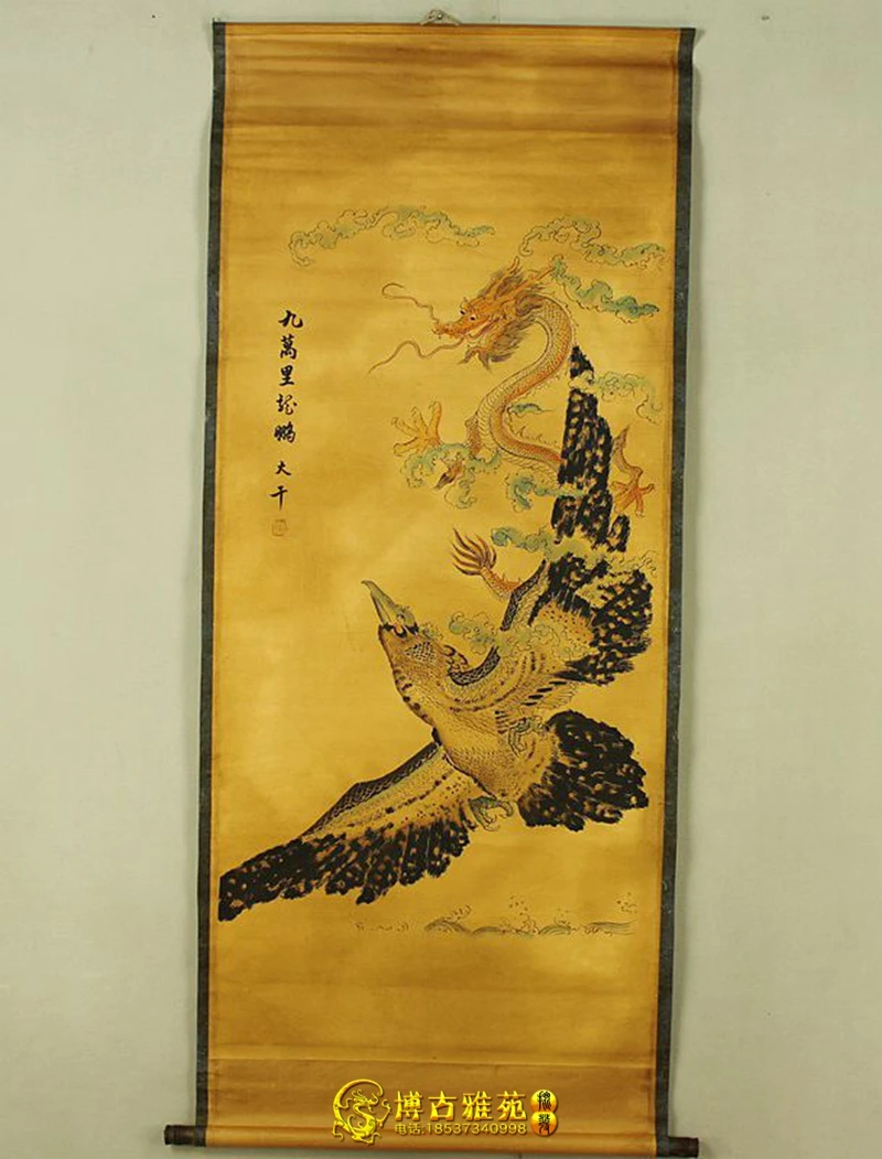 Rare Hand-painted QingDyansty Vertical scroll reel antique calligraphy painting,Dragon&Eagle, free shipping