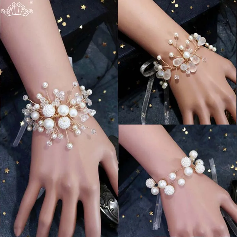 בנות שושבינה יד פרחי חתונה נשף מסיבת כלה צמיד סימולציה פרל יד פרחי צמיד אספקת אביזרים