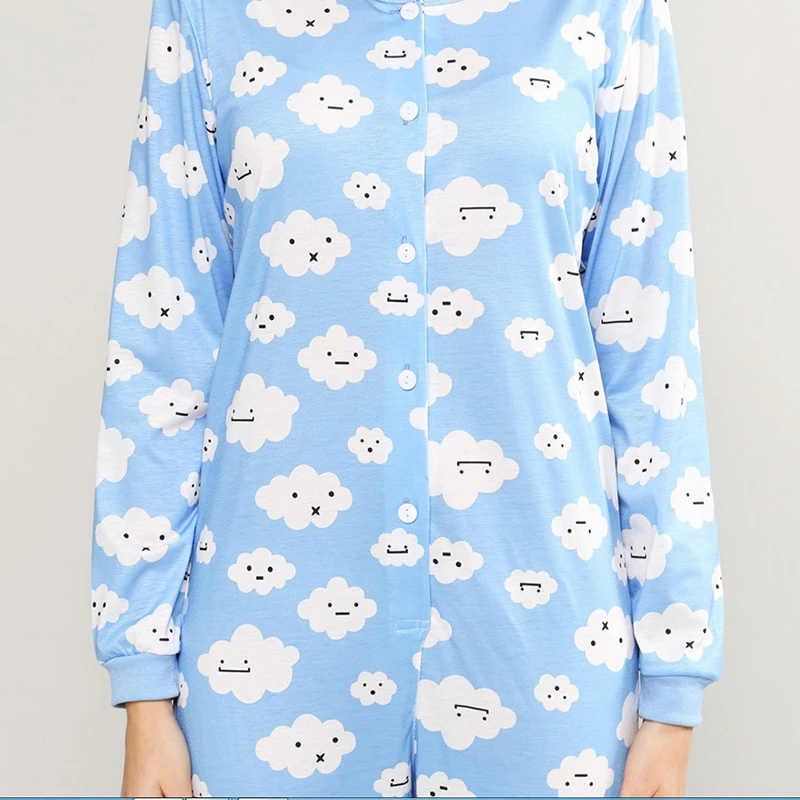 Cute Women Blue Flaky Clouds Pajama Kigurumi Casual Long Sleeve Keep Warm Soft Jumpsuit Pajama Autumn New Round Neck Homewear