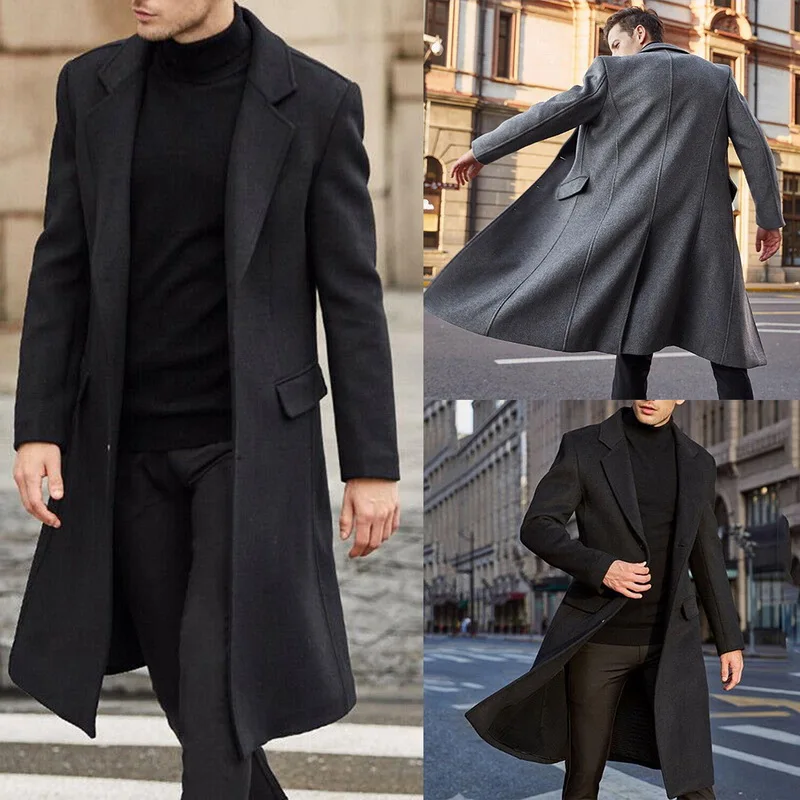 URSPORTTECH Autumn Winter Men Coat Solid Long Sleeve Woolen Jackets Fleece Men Overcoat Streetwear Fashion Long Trench Outerwear