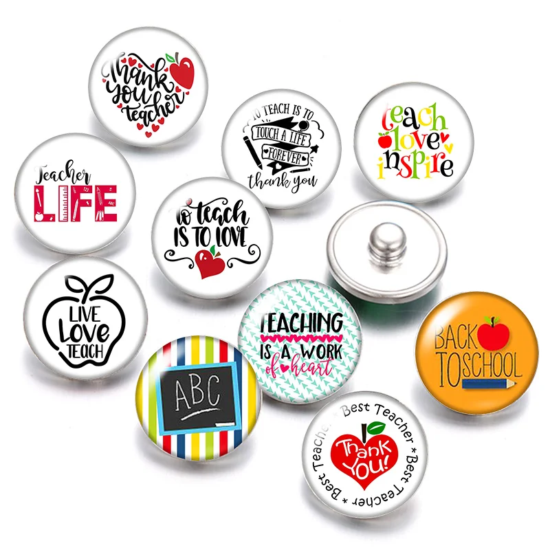 Teach Love School teacher 18mm snap buttons 10pcs mixed round photo glass cabochon style for snap button jewelry