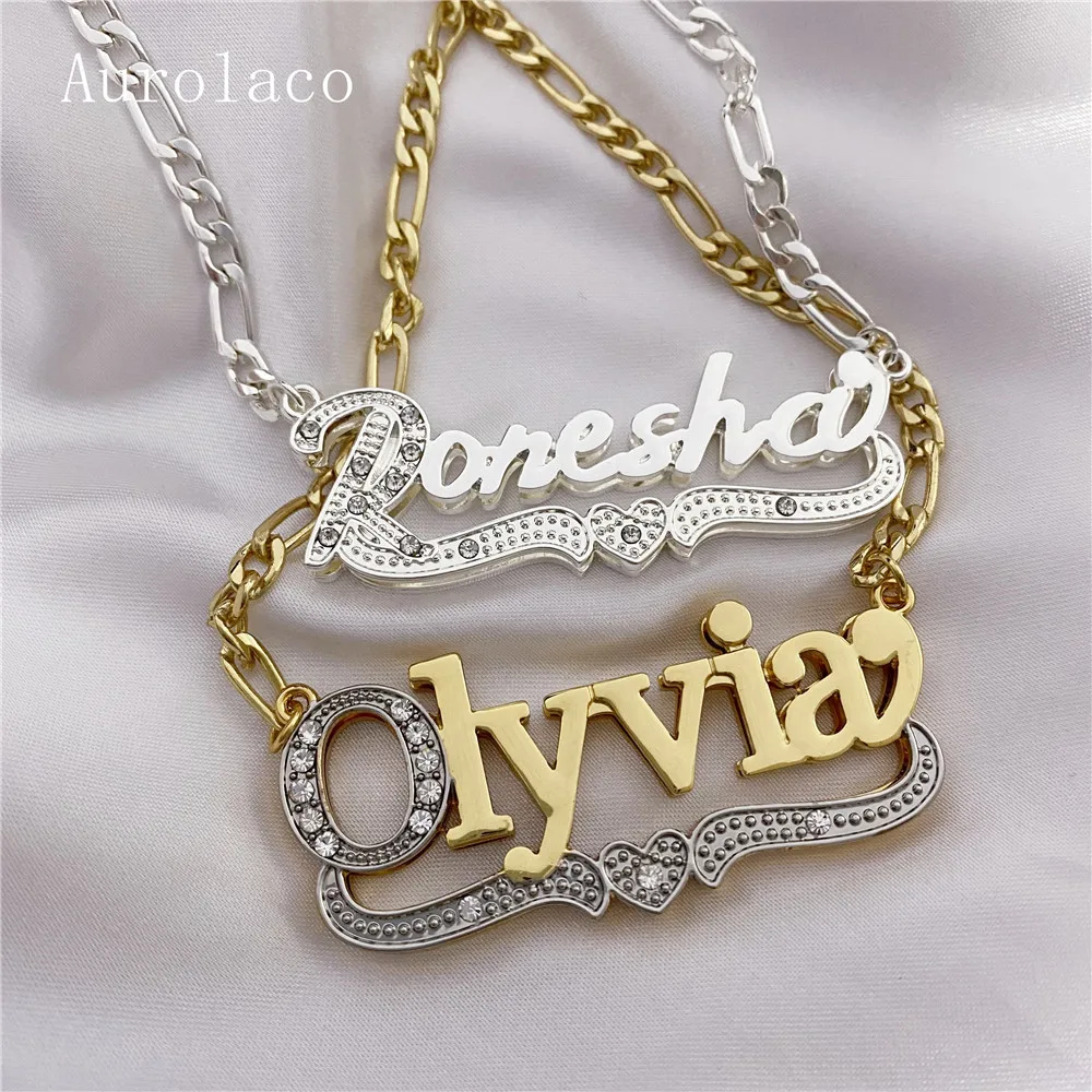 Custom Two Color Necklace Stainless Steel Double Layer Under Heart Nameplate Pendant CZ Diamond Name Necklace for Women Gifts