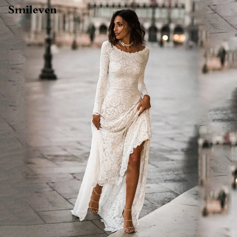 Smileven sereia vestidos de casamento 2020 manga longa rendas vestidos de casamento sem costas vestido de noiva estilo boho personalizado