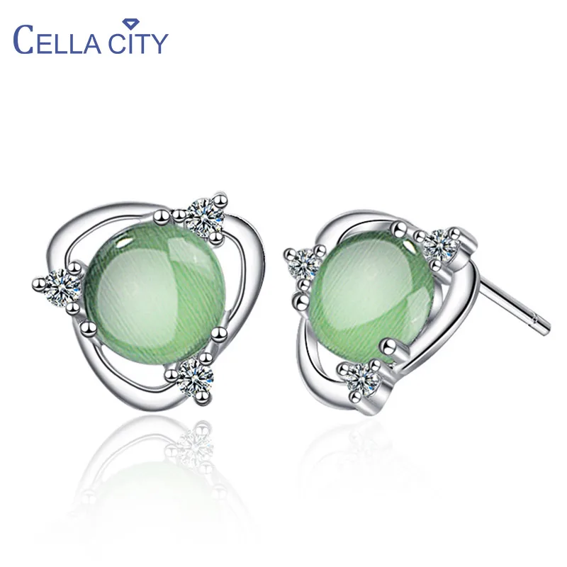 

Cellacity Geometry Silver 925 Jewelry Gemstones Earrings for Women White Green Cat Eyes Stone Ear Studs Simple Leisure style Gif