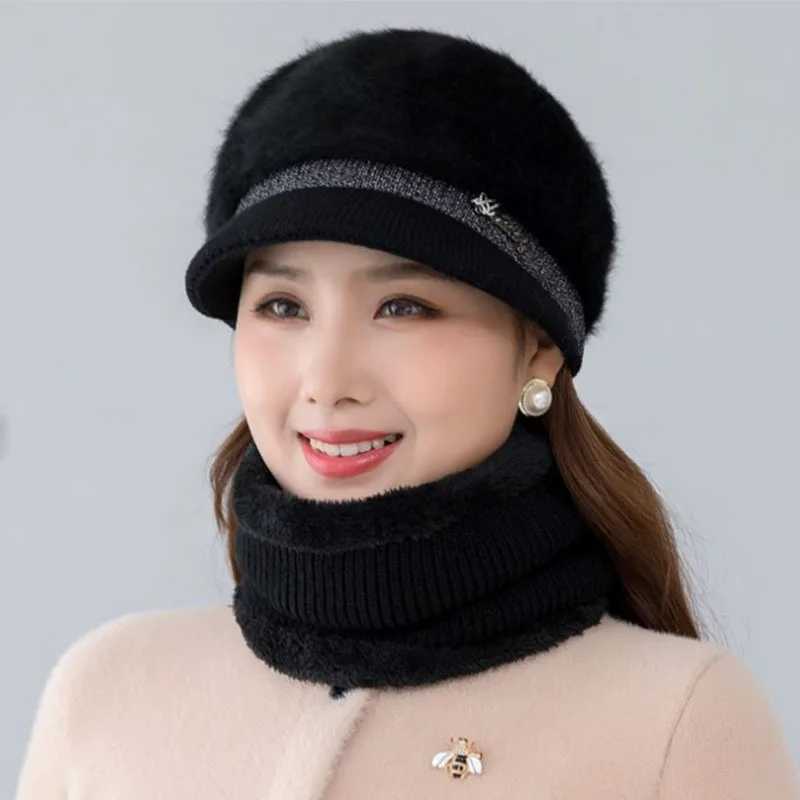 

Autumn Winter Hats For Women Rabbit Fur Knitted Hats, Bibs, Gloves, 3-Piece Set, Outdoor Outing, Cycling, Ski Hat