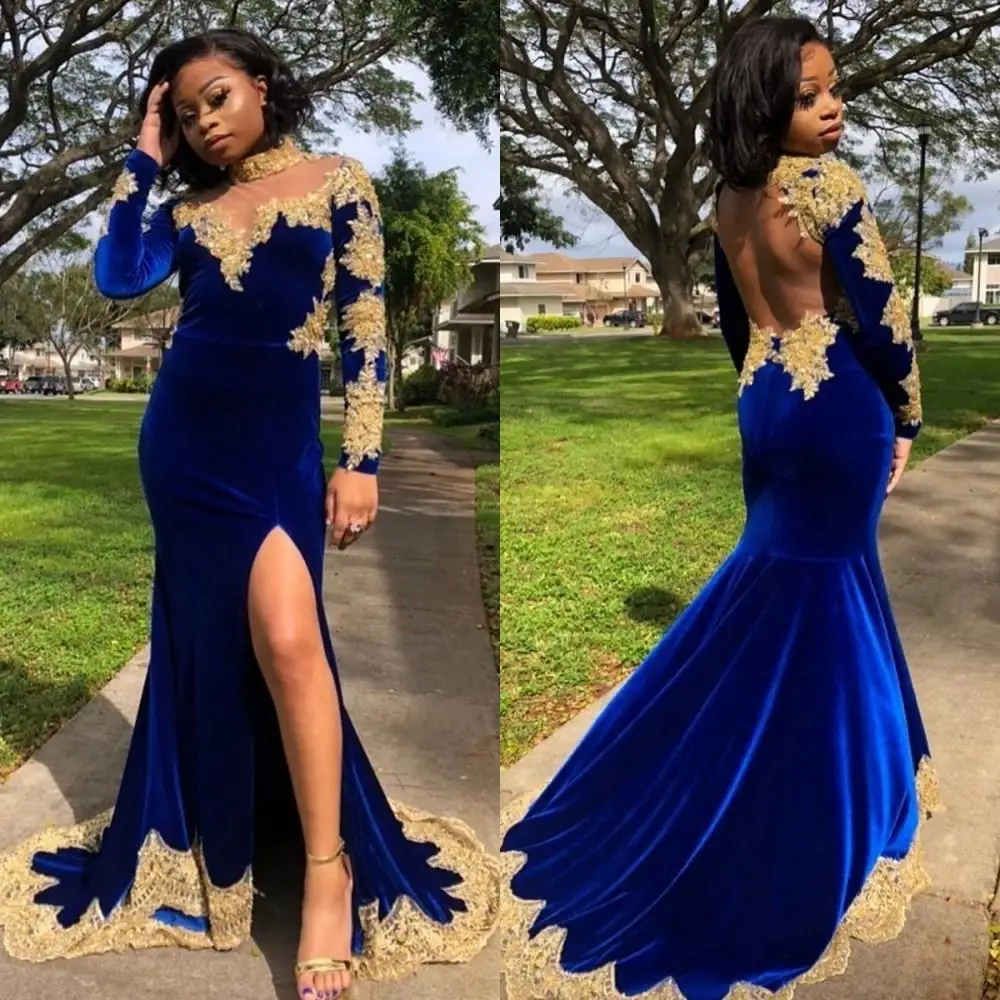 2020 Plus Size Velvet Arabic African Prom Dresses Long Sleeves Gold Lace Mermaid Muslim Evening Gowns