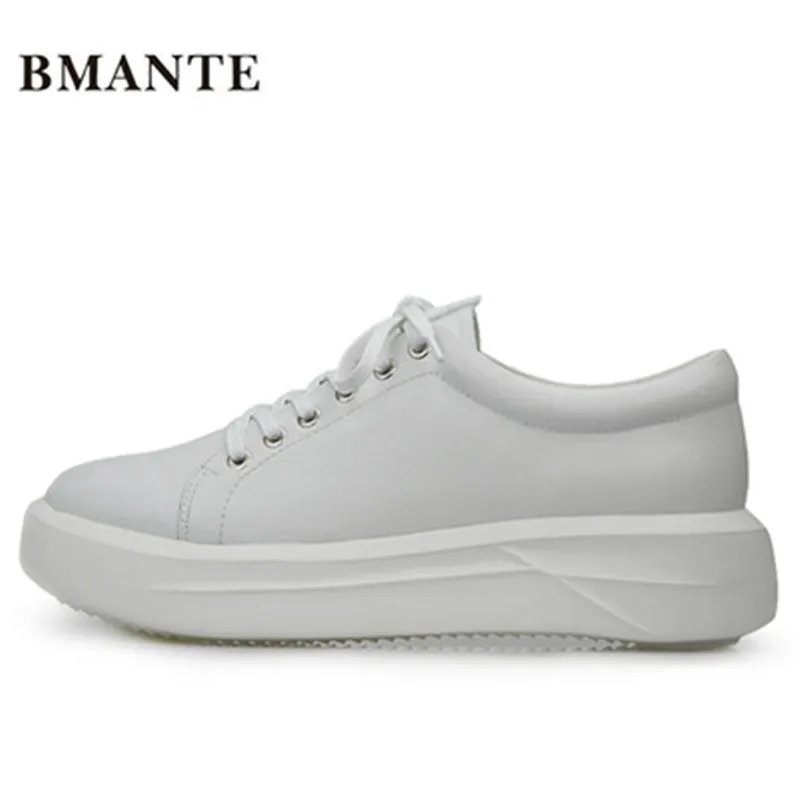 Bmante Genuine Leather Men Shoes Lace-Up Flats Solid White Black Spring Sneaker Thick Bottom Trainers Summer Male Adult Shoes