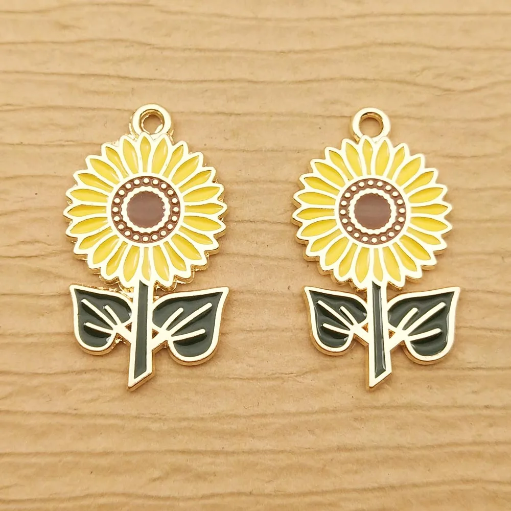 10pcs Sunflower Charm for Jewelry Making Enamel Pendant Bracelet Earring Accessories Diy Supplies Zinc Alloy Gold Plated