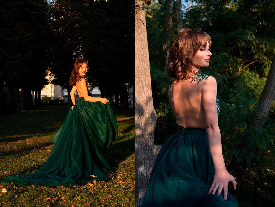 Emerald Green Tulle Wedding Dress See-Through Backless Prom Dress With Train Dark Green Beaded Formal Custom Evening Dresses