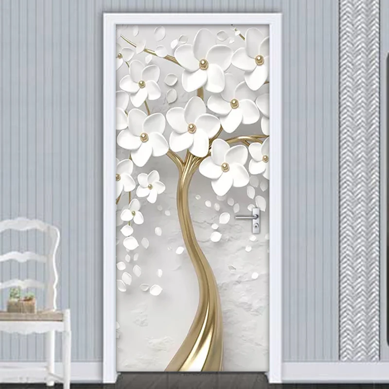 PVC Self-adhesive 3D Door Sticker White Flowers Tree Mural Wallpaper Waterproof Living Room Bedroom Door Stickers Home Decor 3D