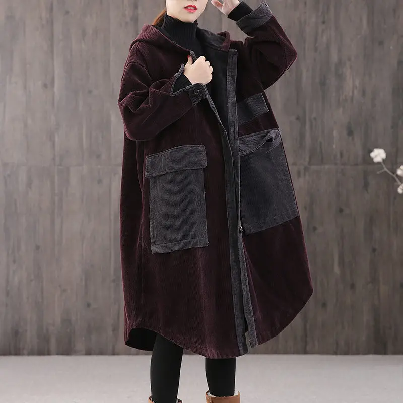 Manteau rembourré à capuche en velours côtelé pour femmes grande poche épaisse ample grande taille longue cape Parka automne hiver coton veste Y950