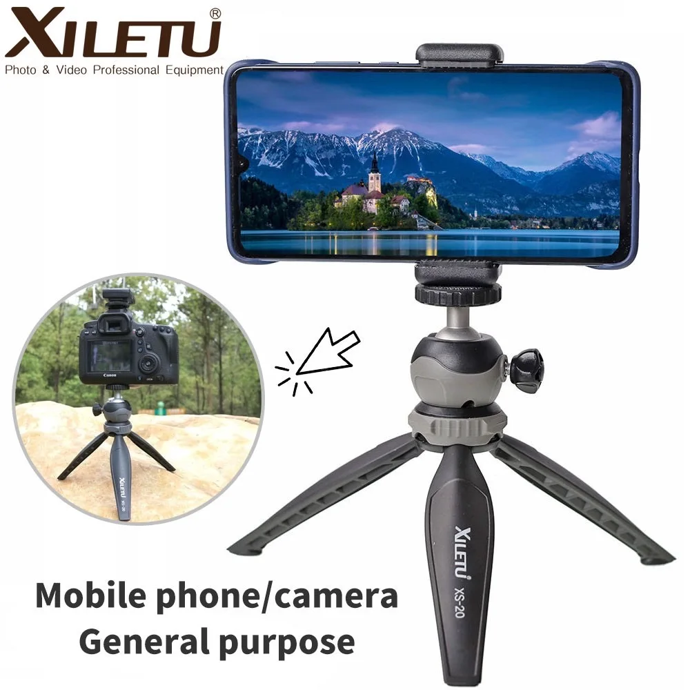 XILETU XS20 Mini masa Tripod masaüstü telefon tutucu standı ile klip ve topu kafa cep telefonu Smartphone DSLR kamera