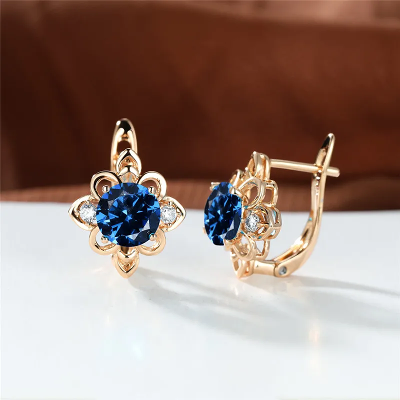 Boho Female Blue Stone Flower Hoop Earrings For Women Gold Color Small Round Wedding Jewelry Gift