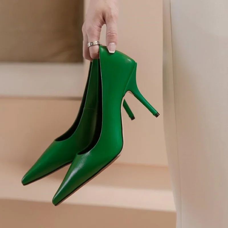 

Sexy Pointy Toe High Heel Shoes Green Black White Matte Leather Celebrating Shoes Slip on Spring Autumn Banquet Shoes Drop Ship